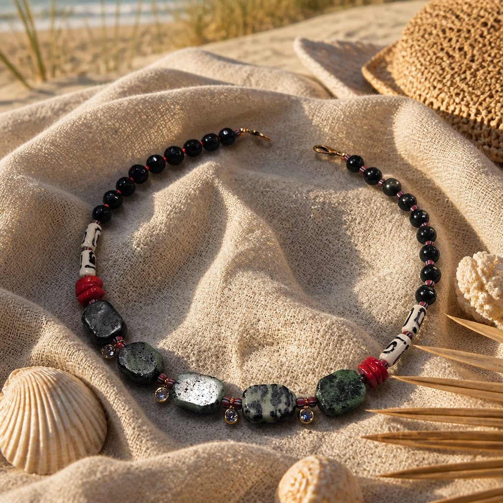 Obsidian, rubin zoisit, coral, os si margele Myiuki