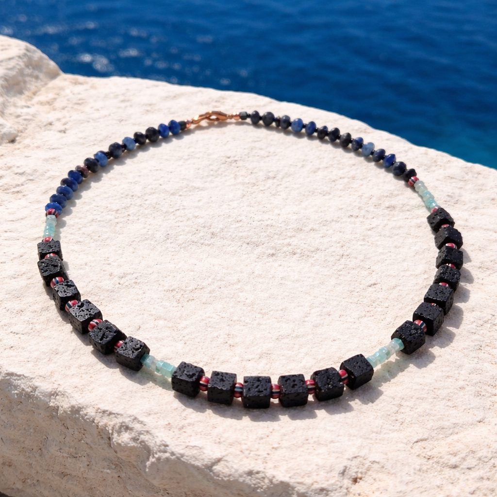 Amazonit,  lava stone, safir si margele Myiuki
